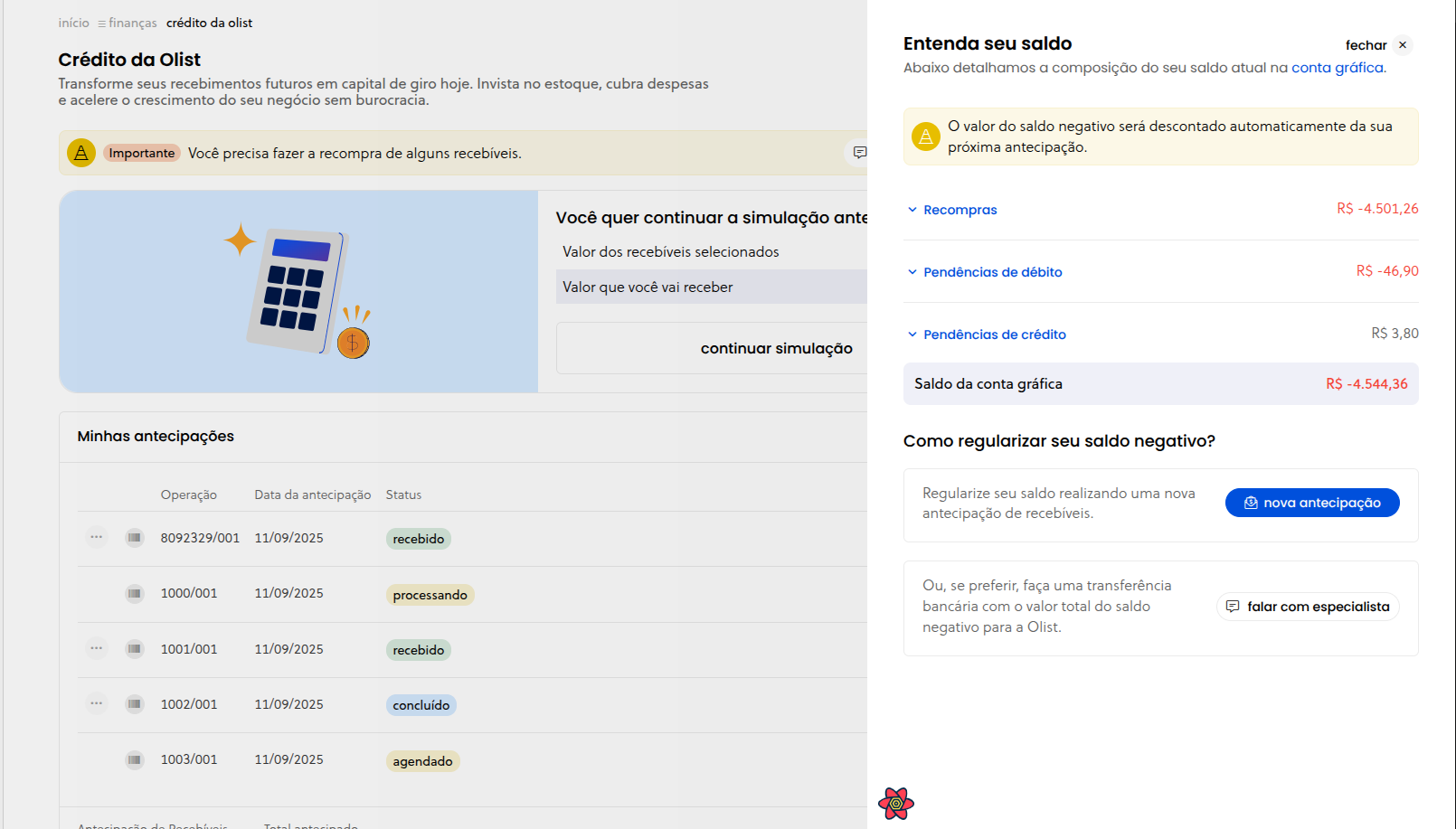 Modal de saldo com composição dos valores e ações disponíveis