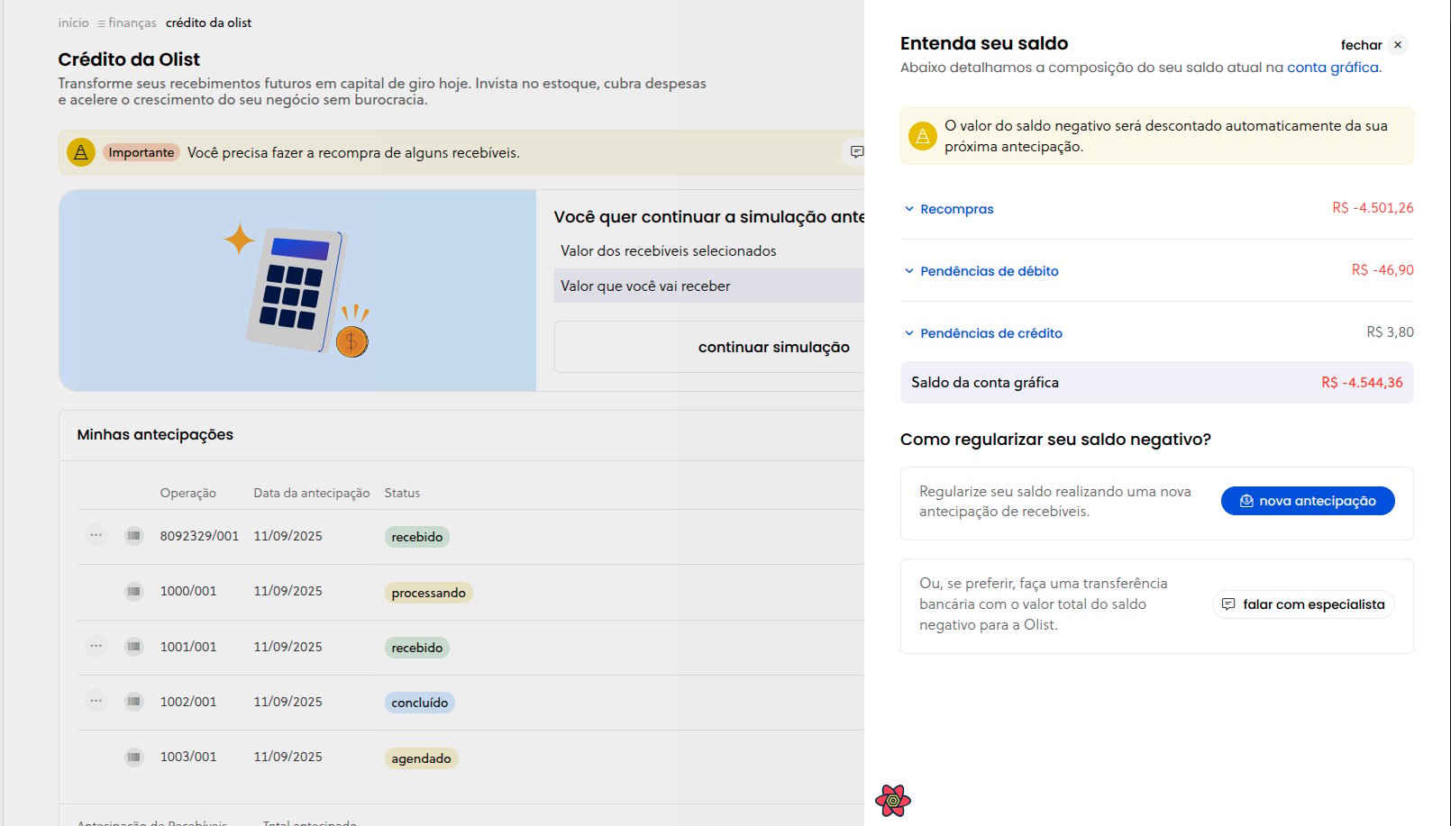 Modal de saldo com composição dos valores e ações disponíveis