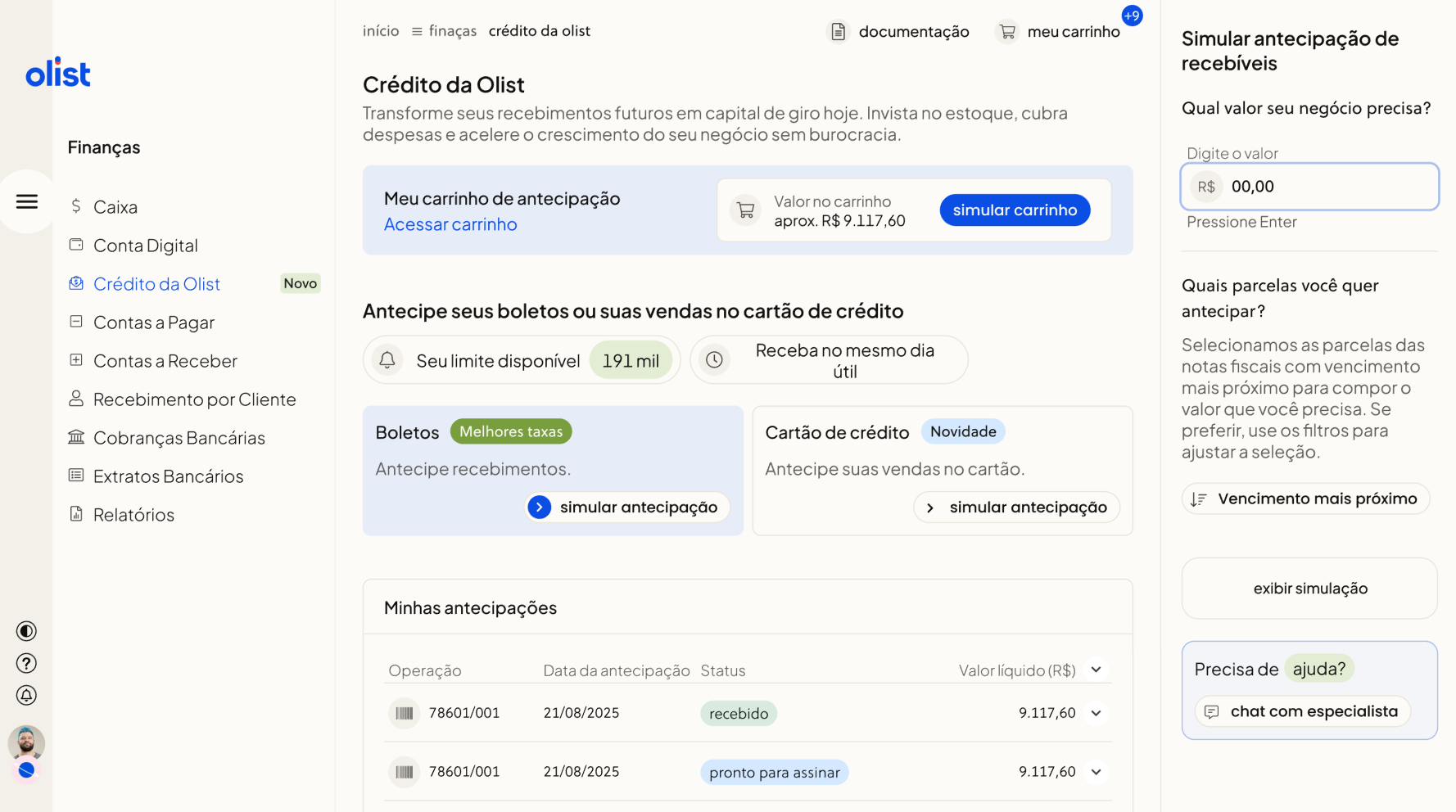 Opção de simular o carrinho completo direto no módulo de Crédito