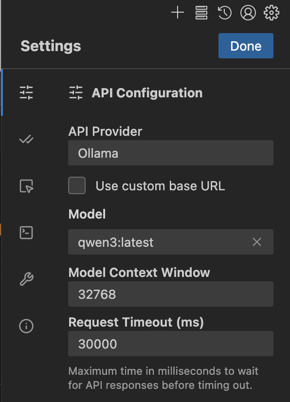 Cline settings configuration showing API Provider set to Ollama