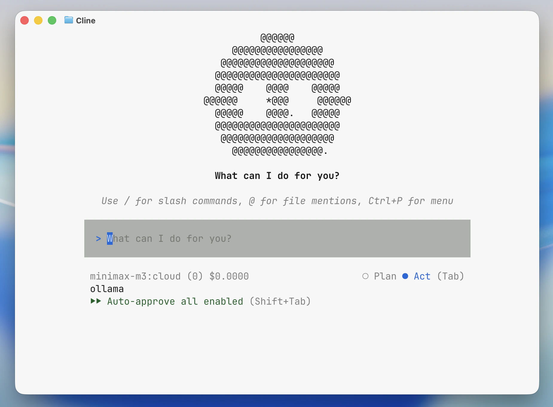 Cline CLI launched with Ollama selected as the provider