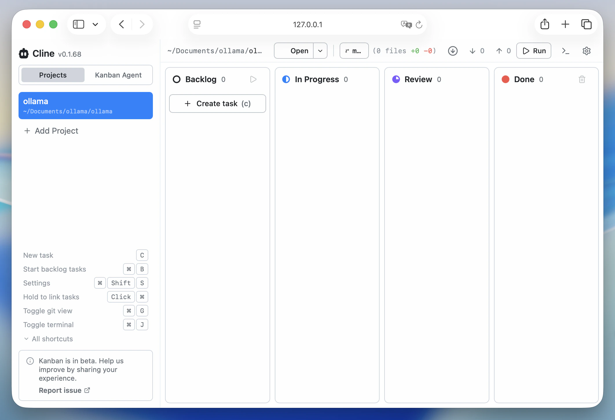 Cline Kanban board opened from the CLI