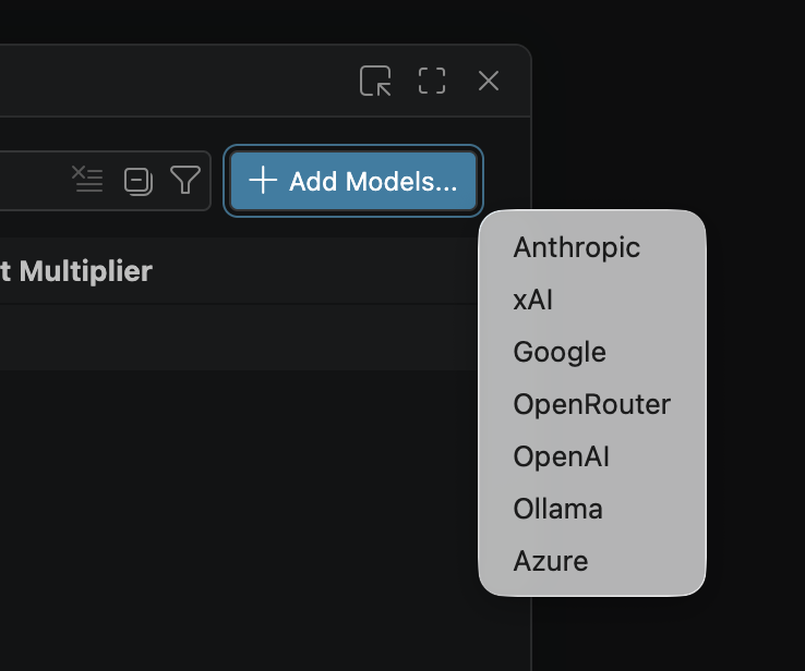 VS Code model options dropdown to add ollama models