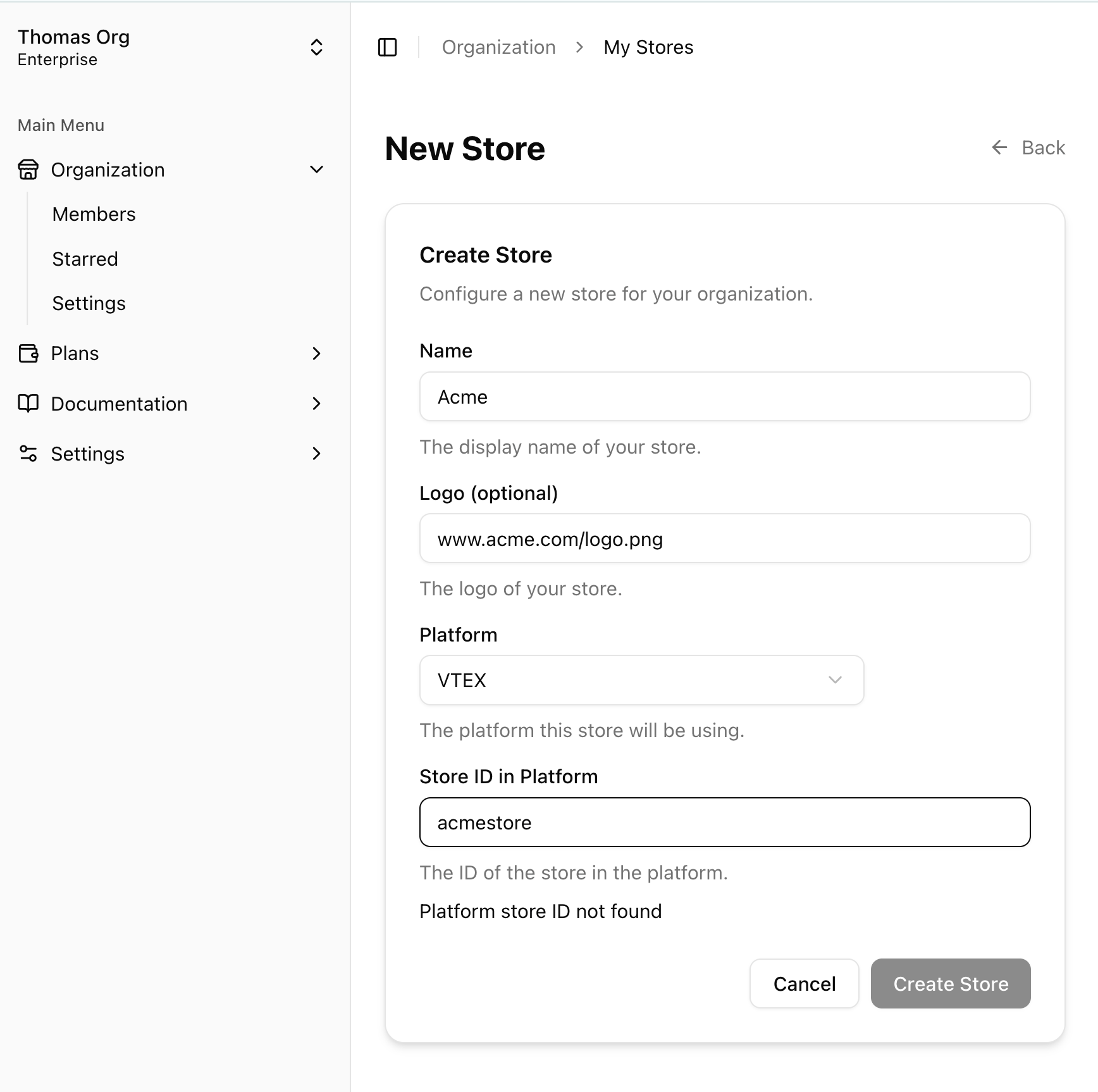 Store management page showing store details and configuration options