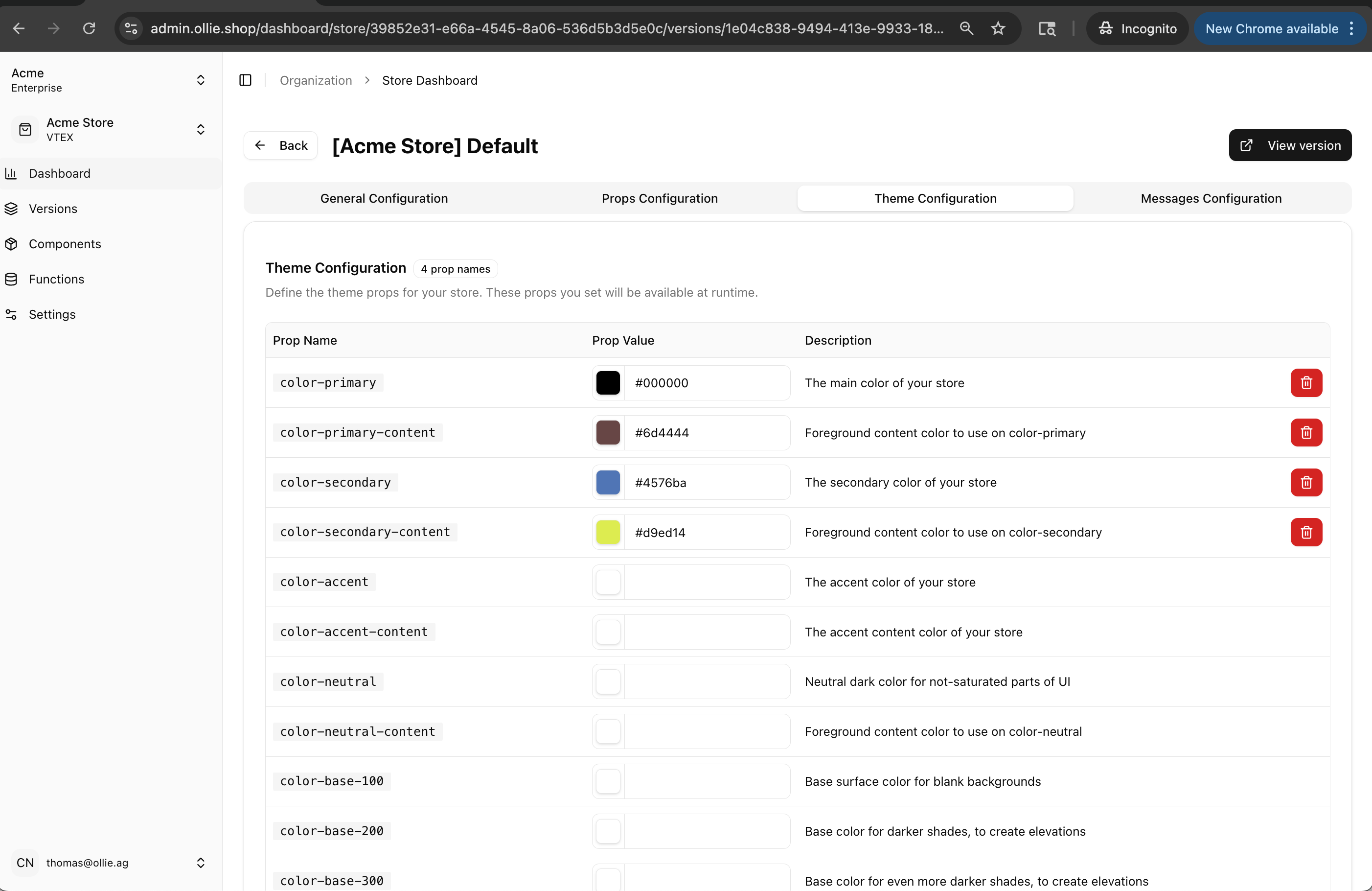Theme configuration tab showing color, typography, and spacing settings