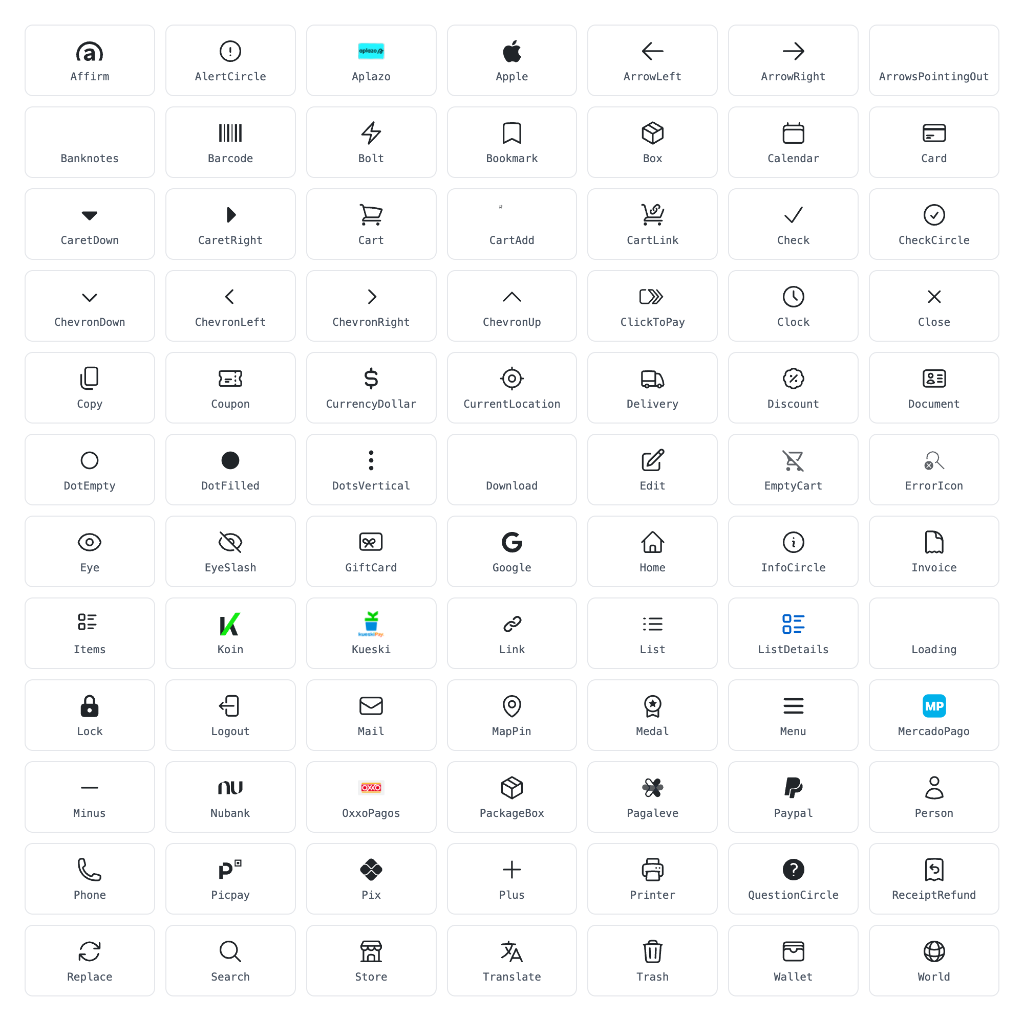 The default icon set with the PascalCase key of each icon