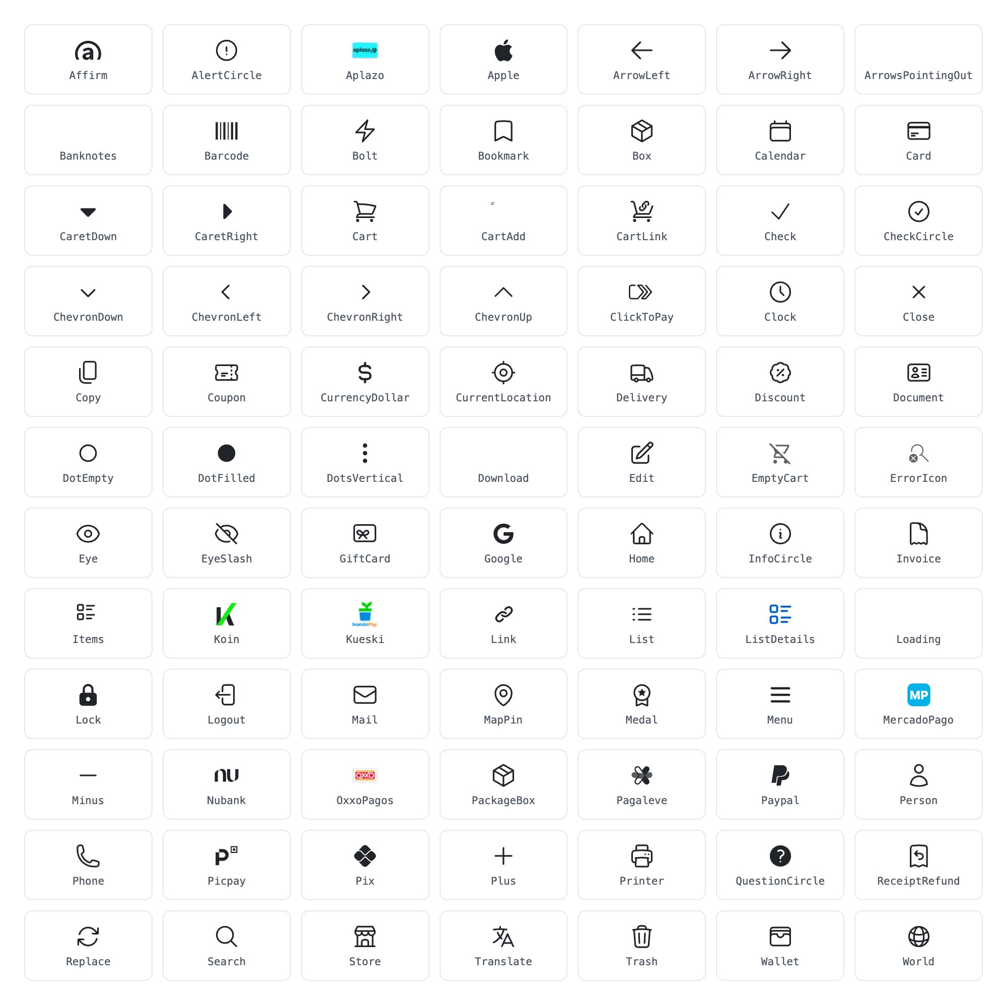 The default icon set with the PascalCase key of each icon
