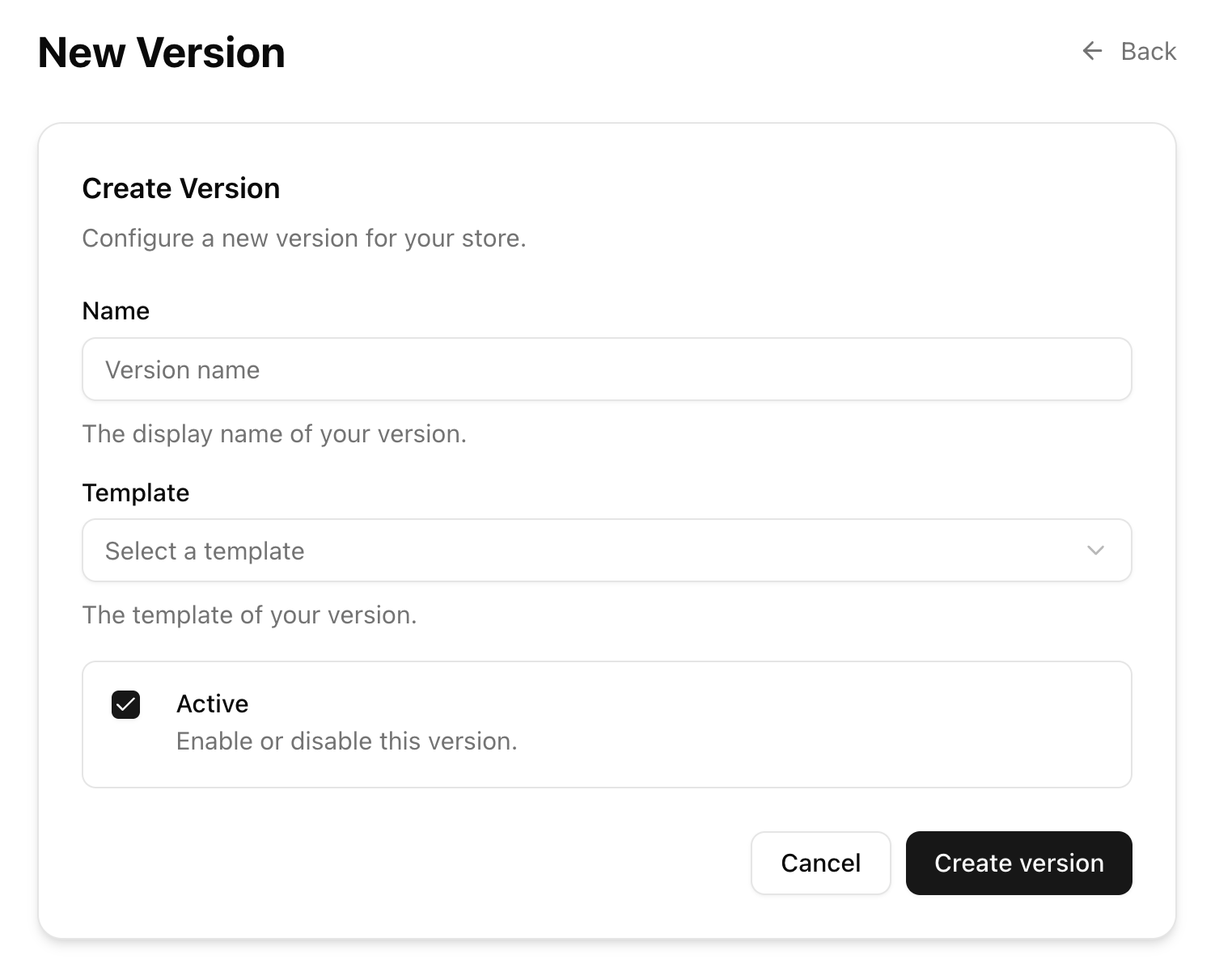 Component creation form showing name, active toggle, slot selection, and version selection