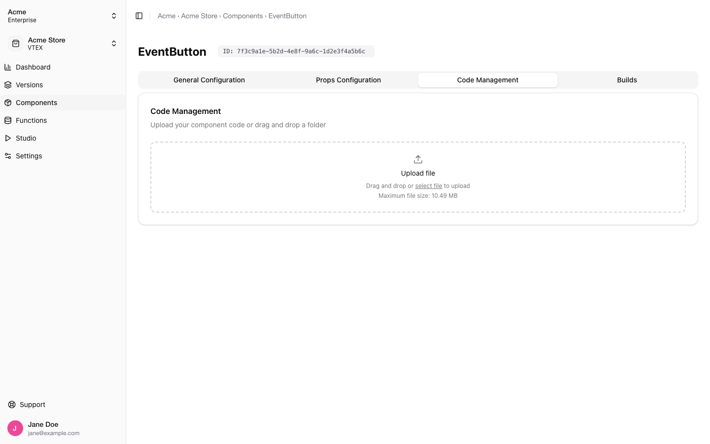 Component Code Management tab