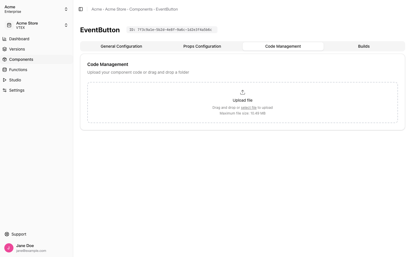 Component Code Management tab