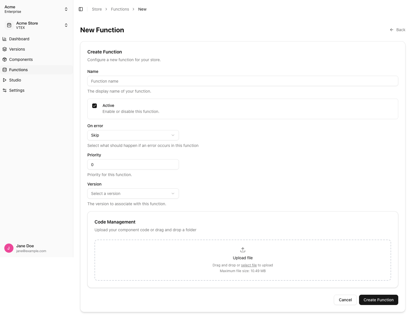 Create Function form