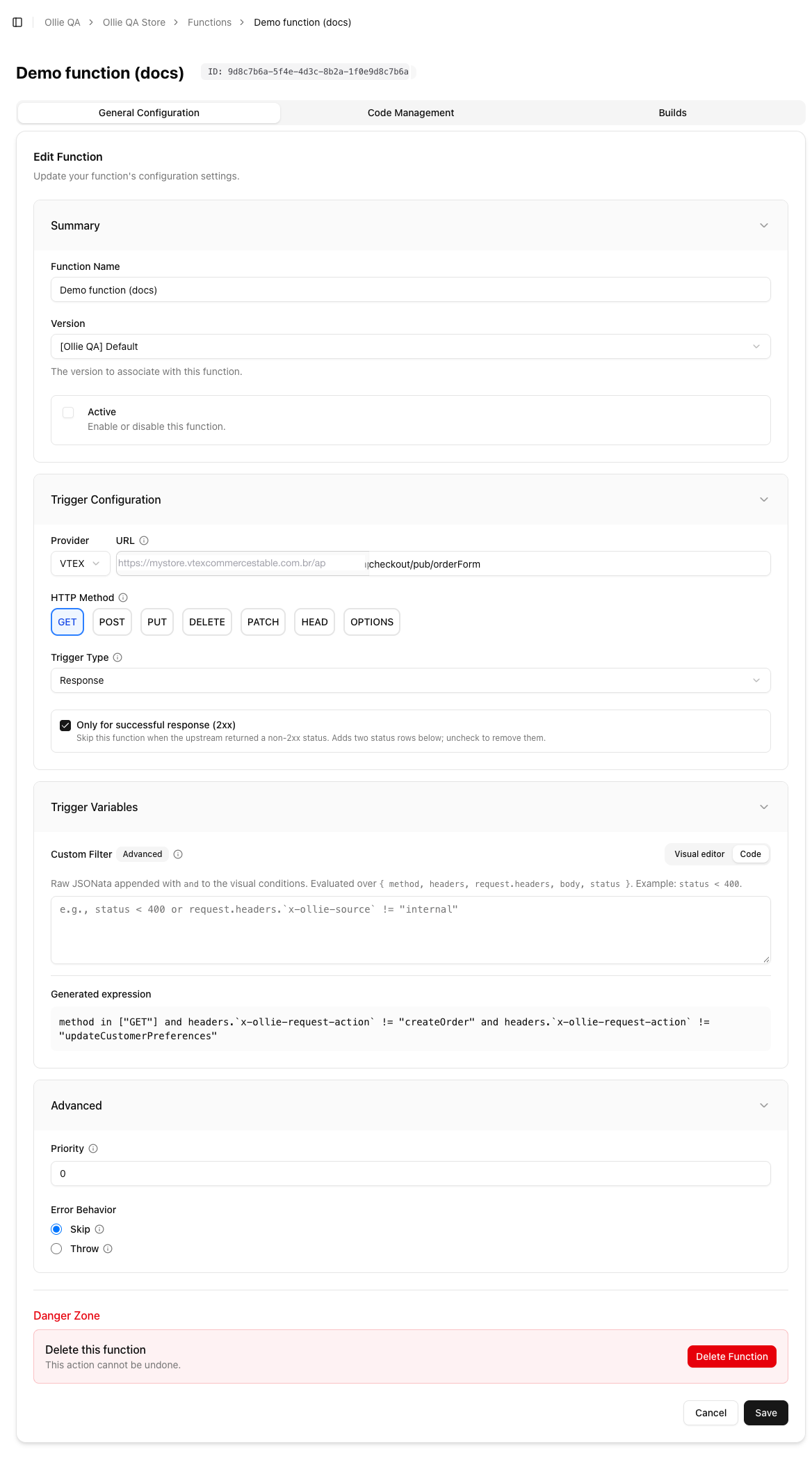 Function trigger code view