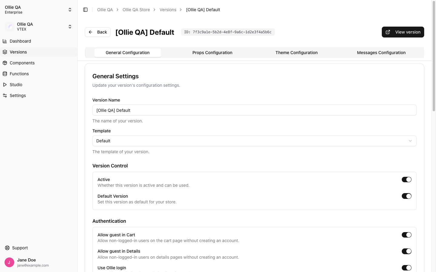 Version General Configuration tab