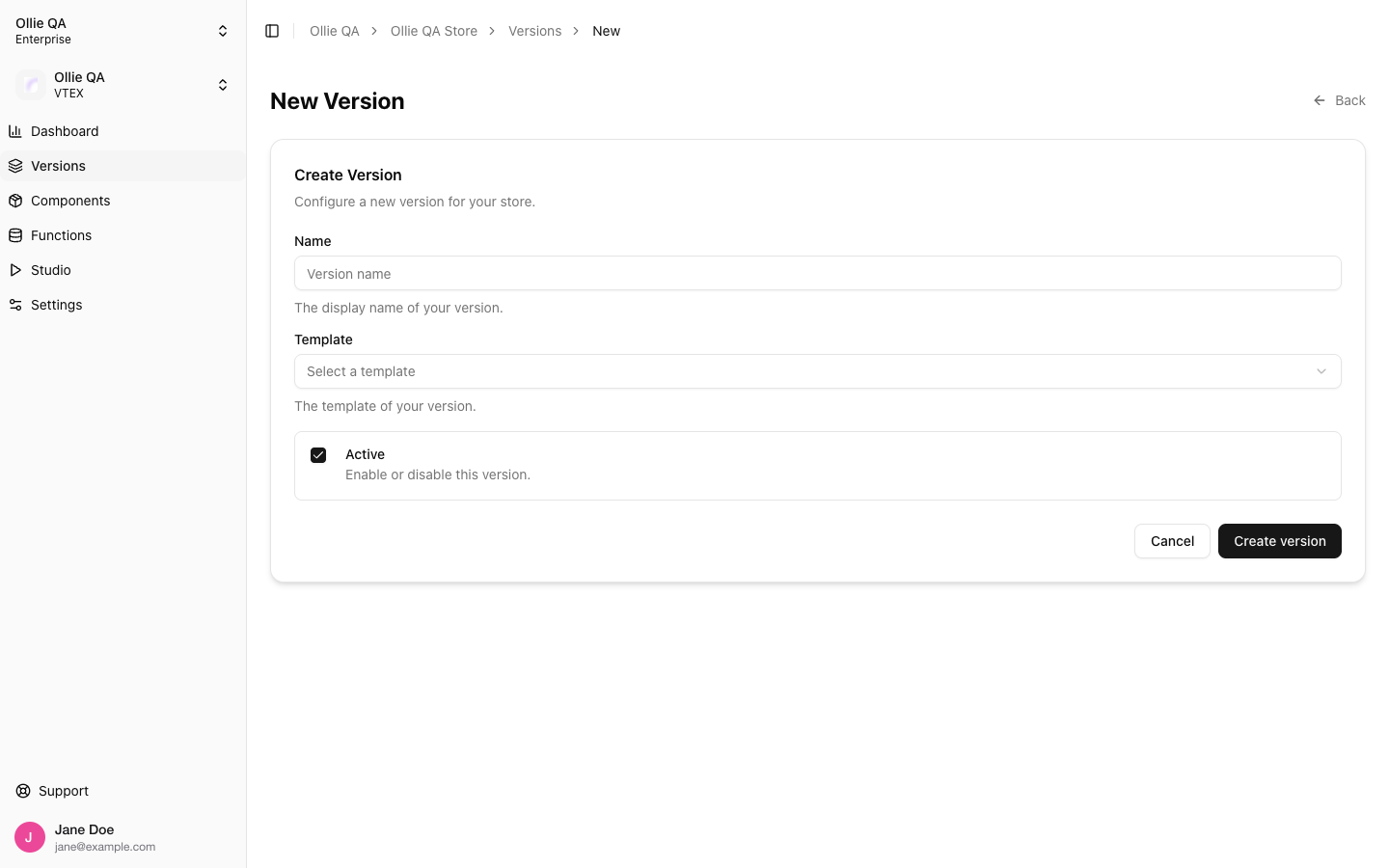 Create Version form