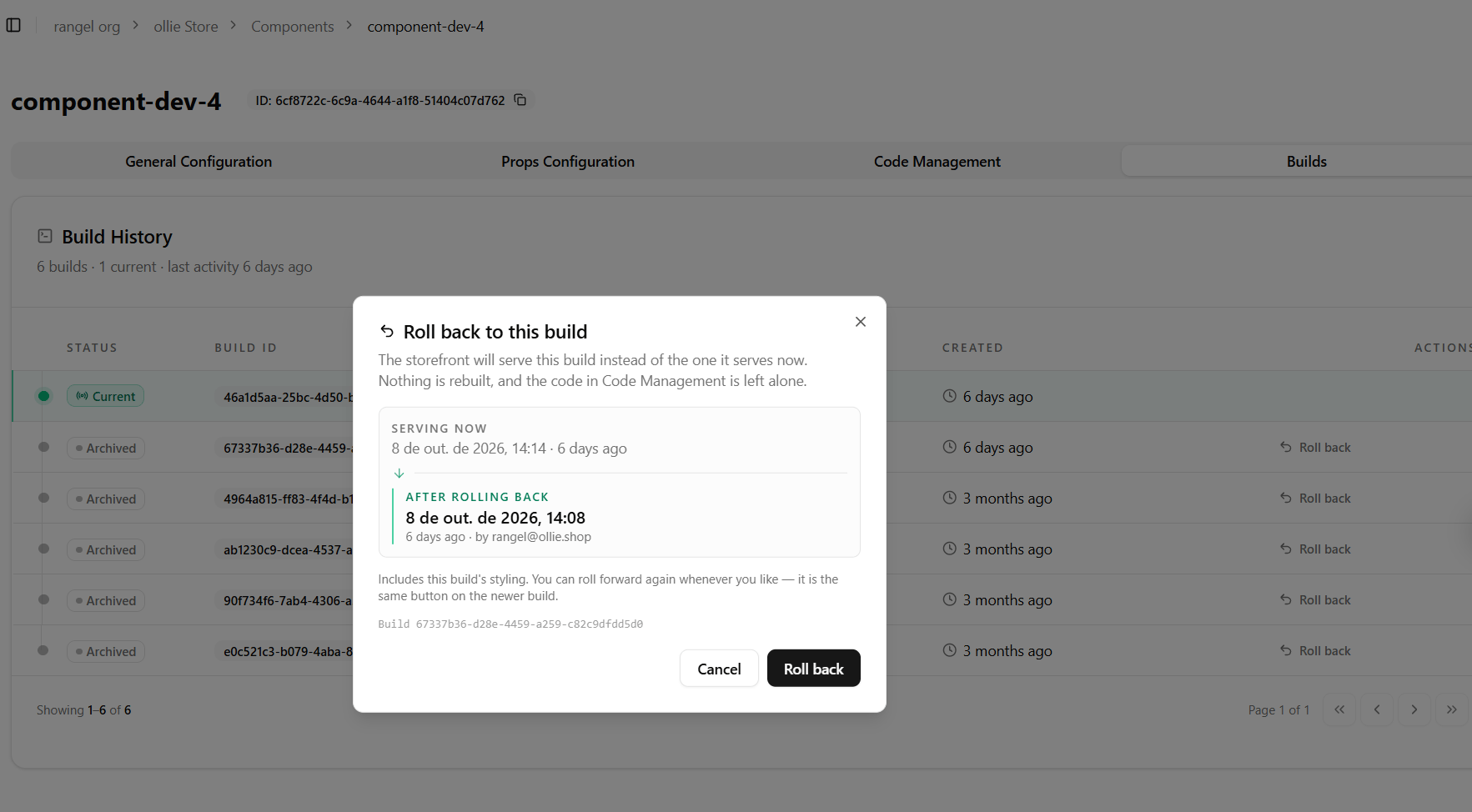 The Roll back dialog, open over the Build History table