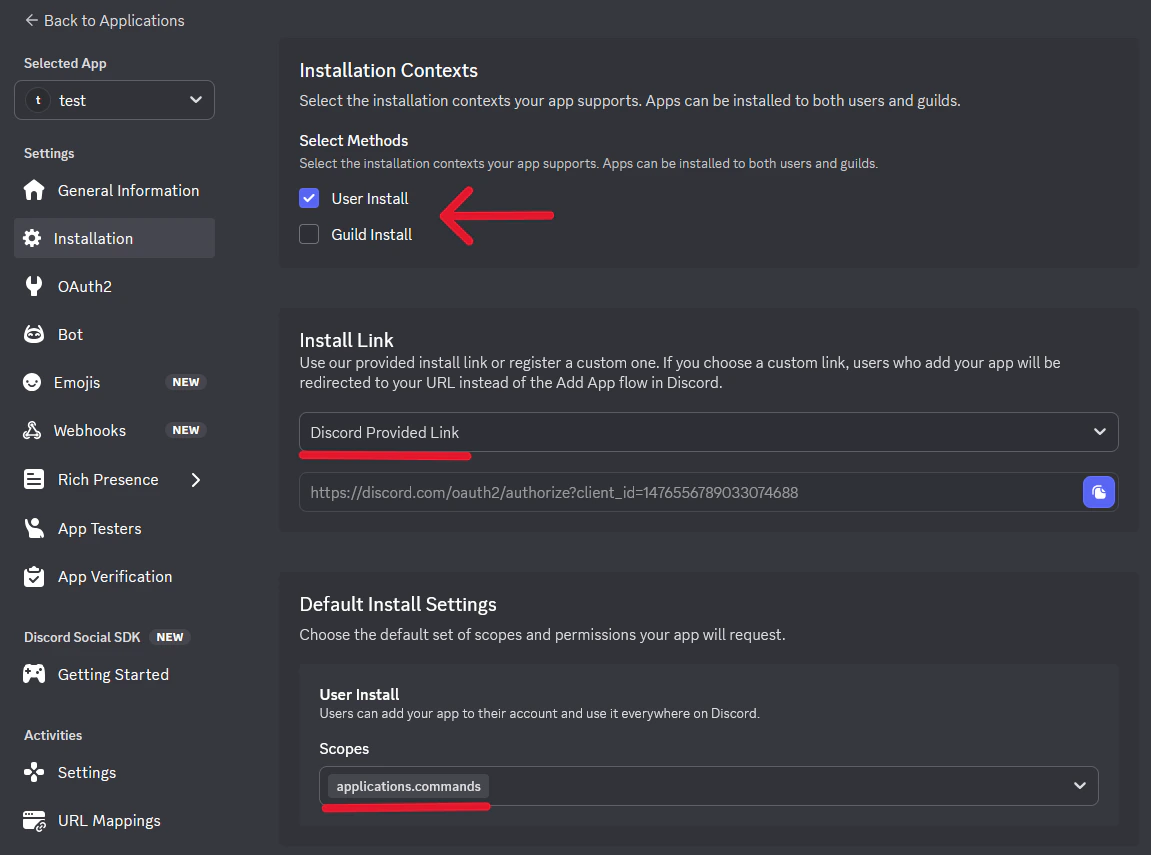 Screenshot of the Installation page with User Install checked, Discord Provided Link selected, and applications.commands scope added