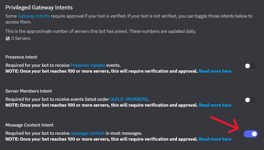 Screenshot of the Privileged Gateway Intents section with the Message Content Intent toggle switched on