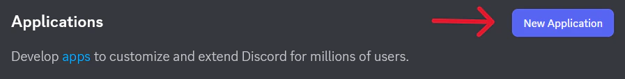 Discord Developer Portal with a red arrow pointing to the New Application button in the top right