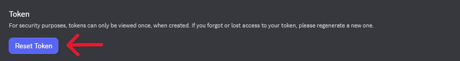 Screenshot of the Bot page showing the Reset Token button