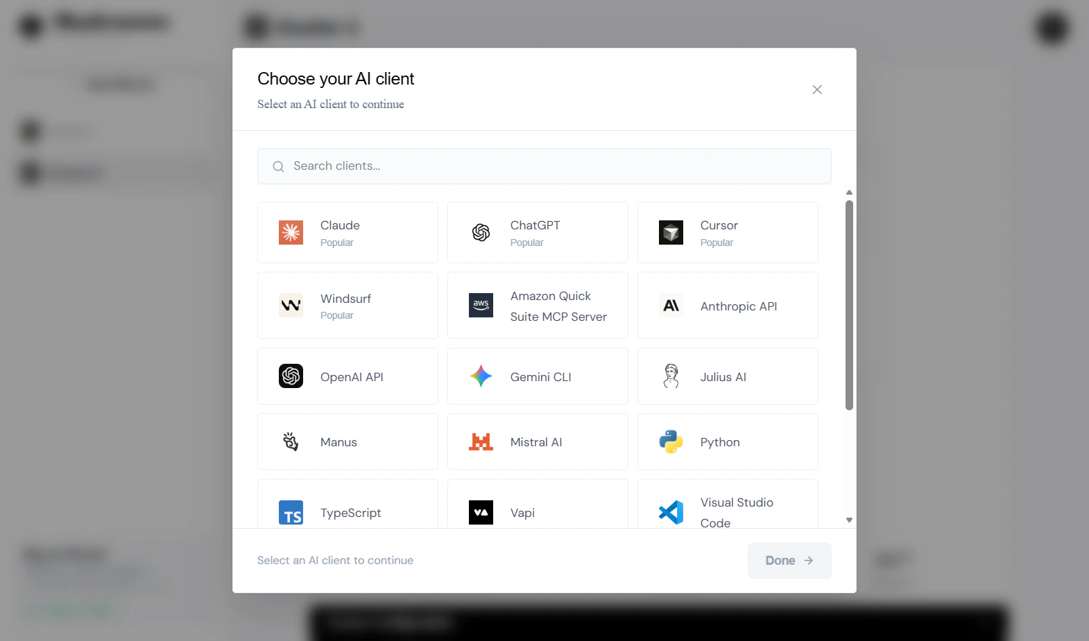 Dialogue Nouveau Cluster ViaSocket — Choisissez votre client IA, montrant Claude, ChatGPT, Cursor, Windsurf et plus