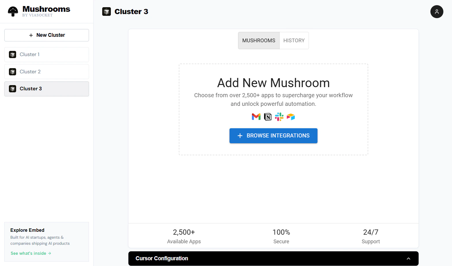 Tableau de bord ViaSocket Mushrooms montrant le bouton Add New Mushroom et Browse Integrations