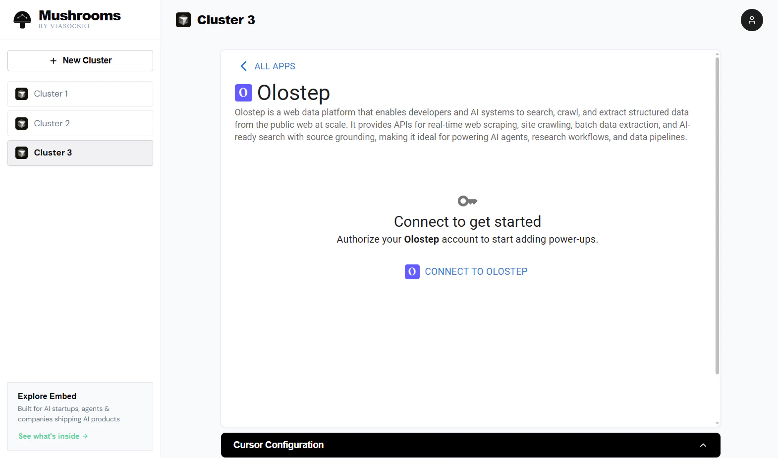 Page de détail d'Olostep dans ViaSocket montrant Connect to get started et le bouton CONNECT TO OLOSTEP