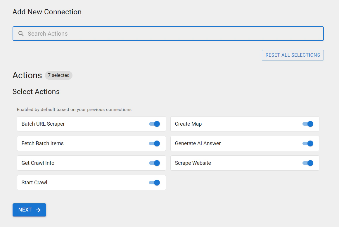 Écran Sélectionner des Actions Olostep dans ViaSocket montrant 7 actions disponibles avec des interrupteurs