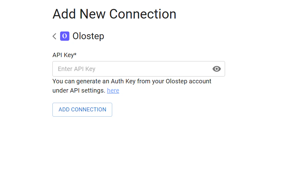 Écran Ajouter une Nouvelle Connexion pour Olostep dans ViaSocket avec le champ de saisie de la clé API
