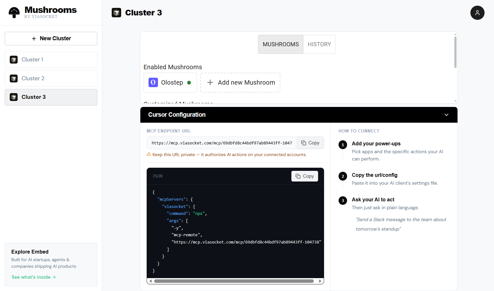 Cluster ViaSocket montrant Olostep activé et l'URL du point de terminaison MCP avec la configuration JSON prête à copier