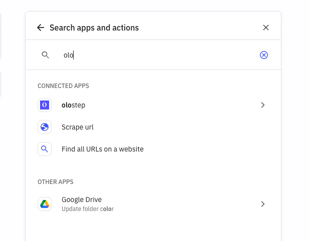 Placeholder: Rechercher Olostep dans le sélecteur d'applications Relay