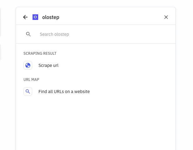 Placeholder: Sélecteur d'action Olostep dans Relay