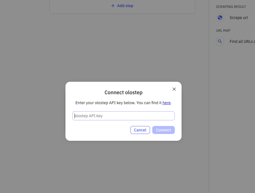 Placeholder: Modal de connexion de compte Relay avec champ de clé API Olostep
