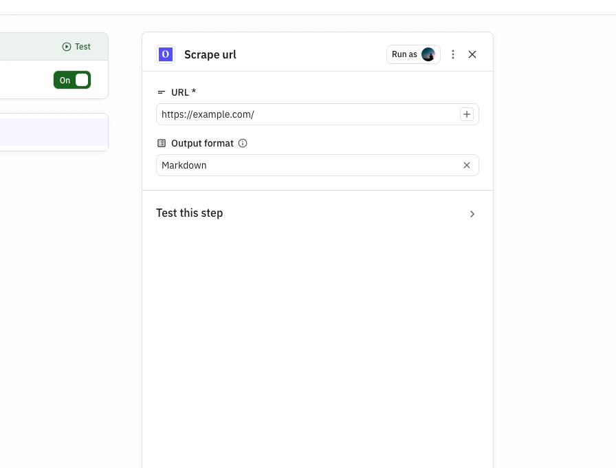 Placeholder: Champs de Scrape Website Olostep dans Relay avec URL et format de sortie