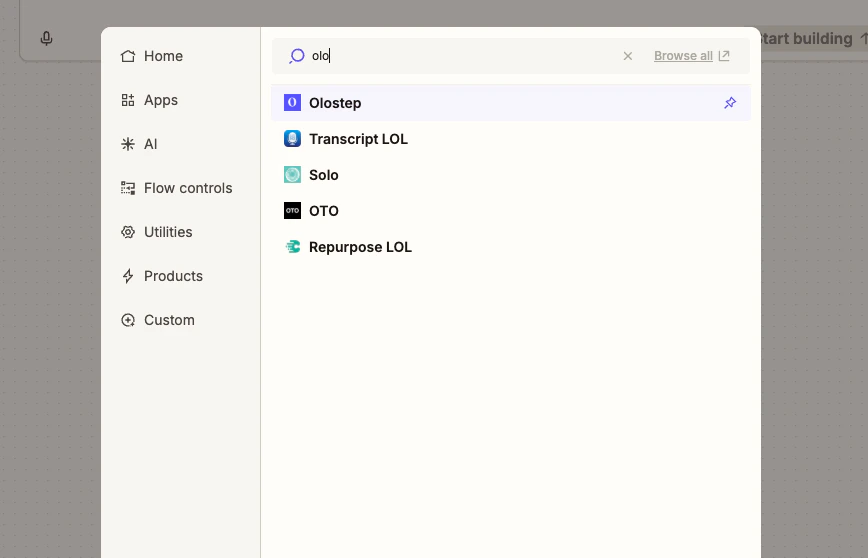 Rechercher Olostep dans le sélecteur d'action de Zapier