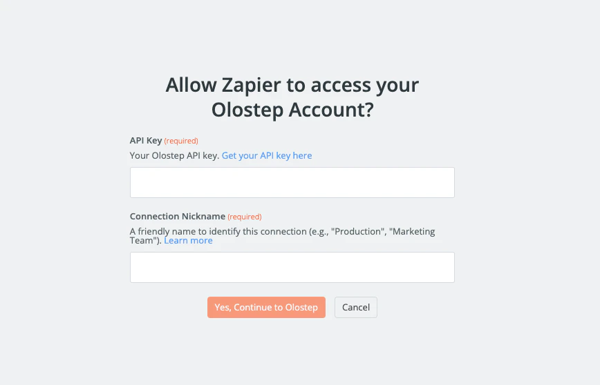 Écran de connexion du compte Olostep dans Zapier avec champ de clé API