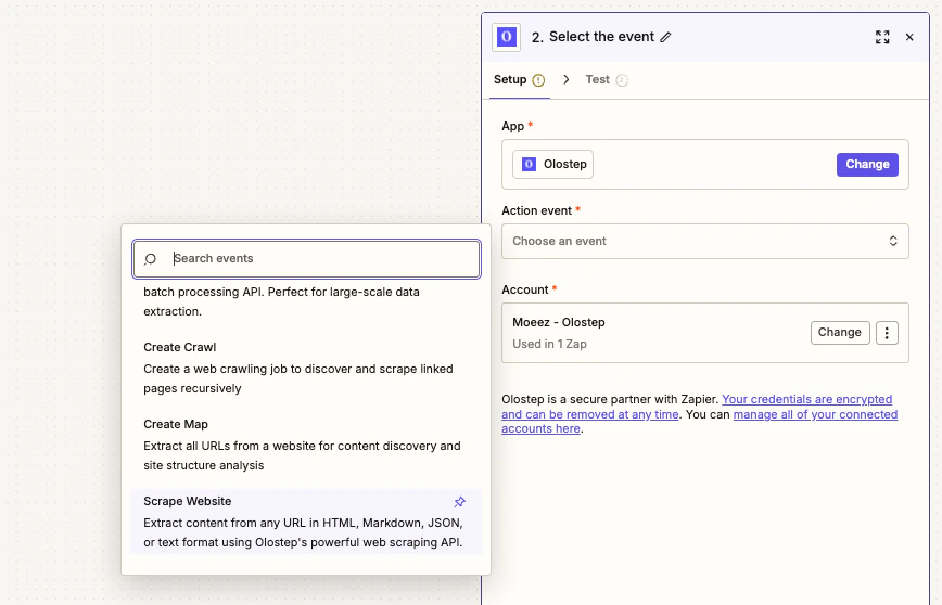 Menu déroulant des actions Olostep dans Zapier montrant les actions disponibles