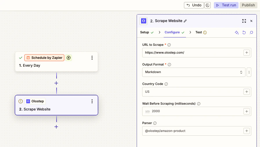 Configurer Scrape Website dans Zapier avec les champs URL et format de sortie