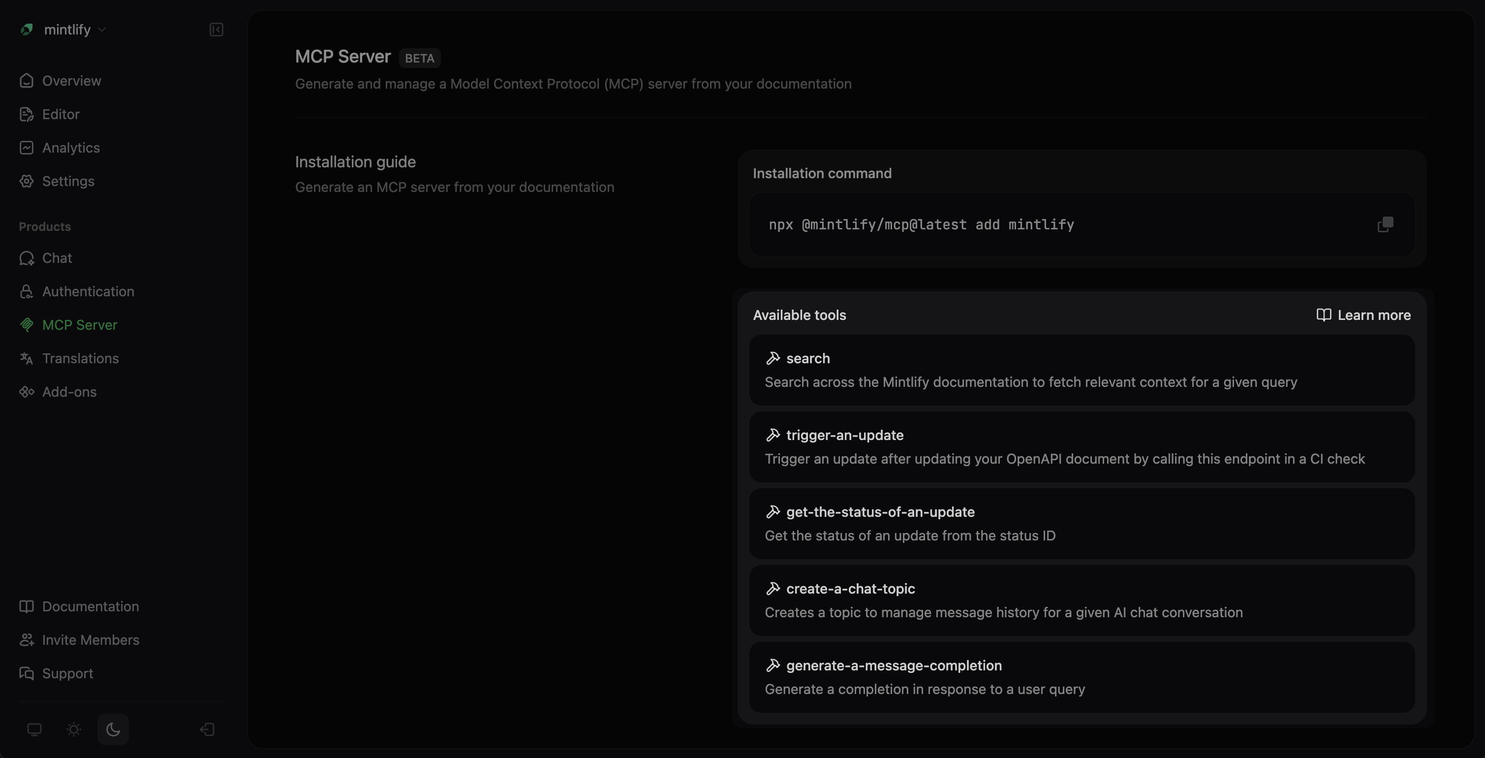 Dashboard MCP avec la section Outils disponibles mise en évidence