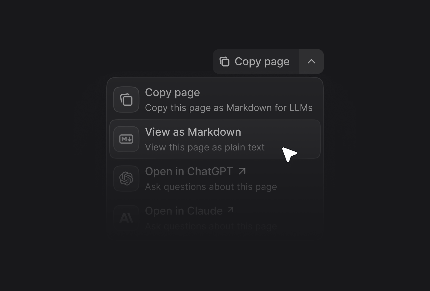 展开的上下文菜单,显示“复制页面”“以 Markdown 查看”“在 ChatGPT 中打开”和“在 Claude 中打开”等菜单项。