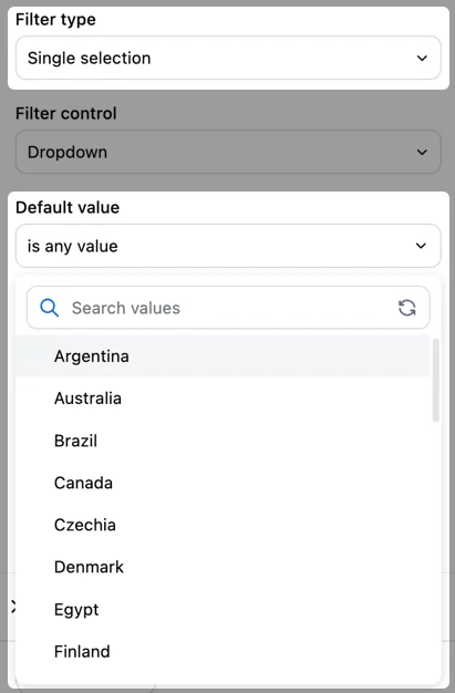 Single select filter field options