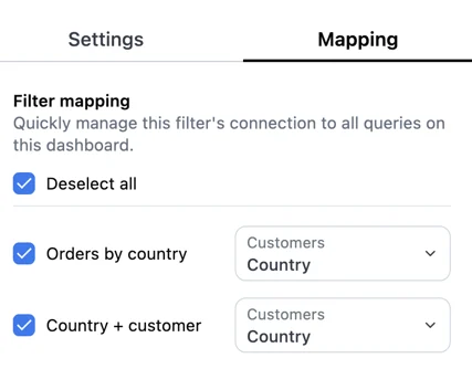 Mapping tab in the filter editor