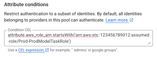 Configured provider attribute condition in the Google Cloud Console