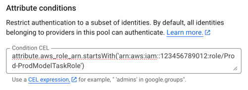 Configured provider attribute condition in the Google Cloud Console