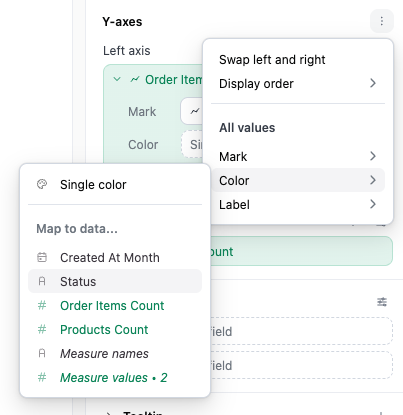 The axes menu with the Color submenu open under All values