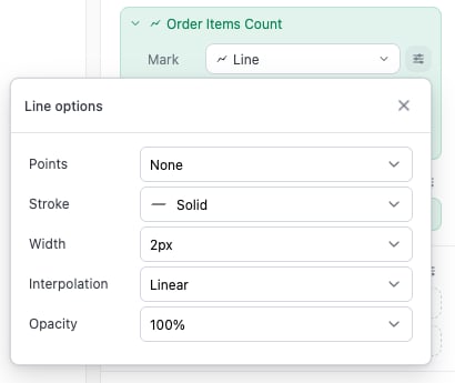 The Line options popover with Points, Stroke, Width, Interpolation, and Opacity settings