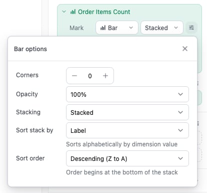 The Bar options popover with Stacking, Sort stack by, and Sort order settings