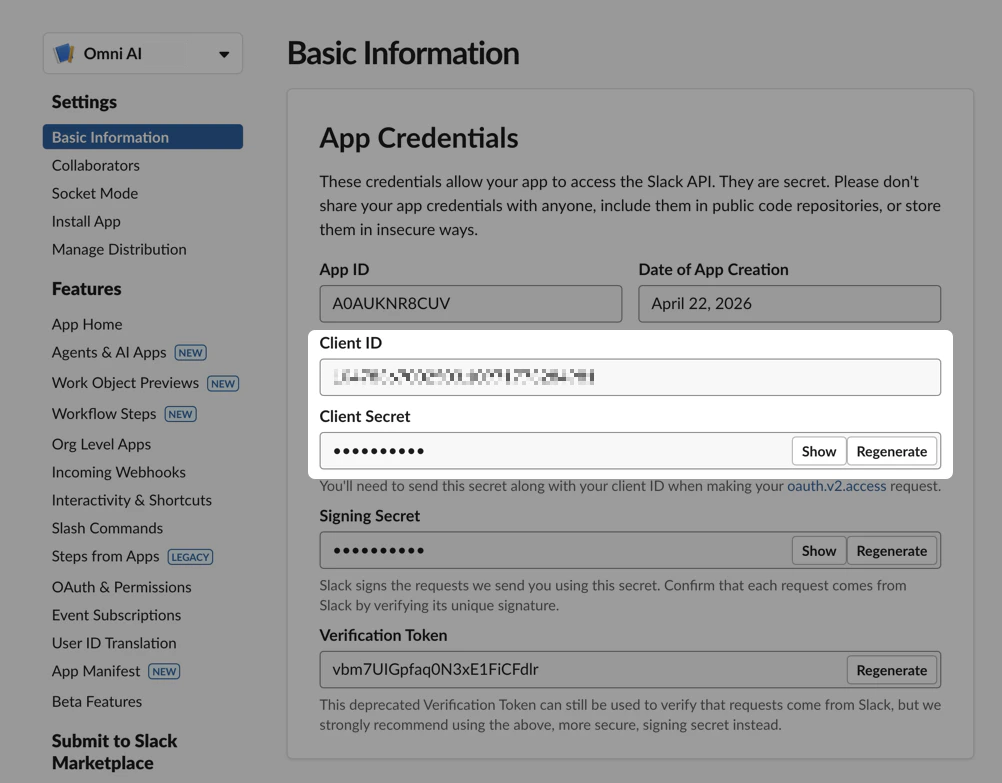 Highlighted Client ID and Client Secret fields in Slack app