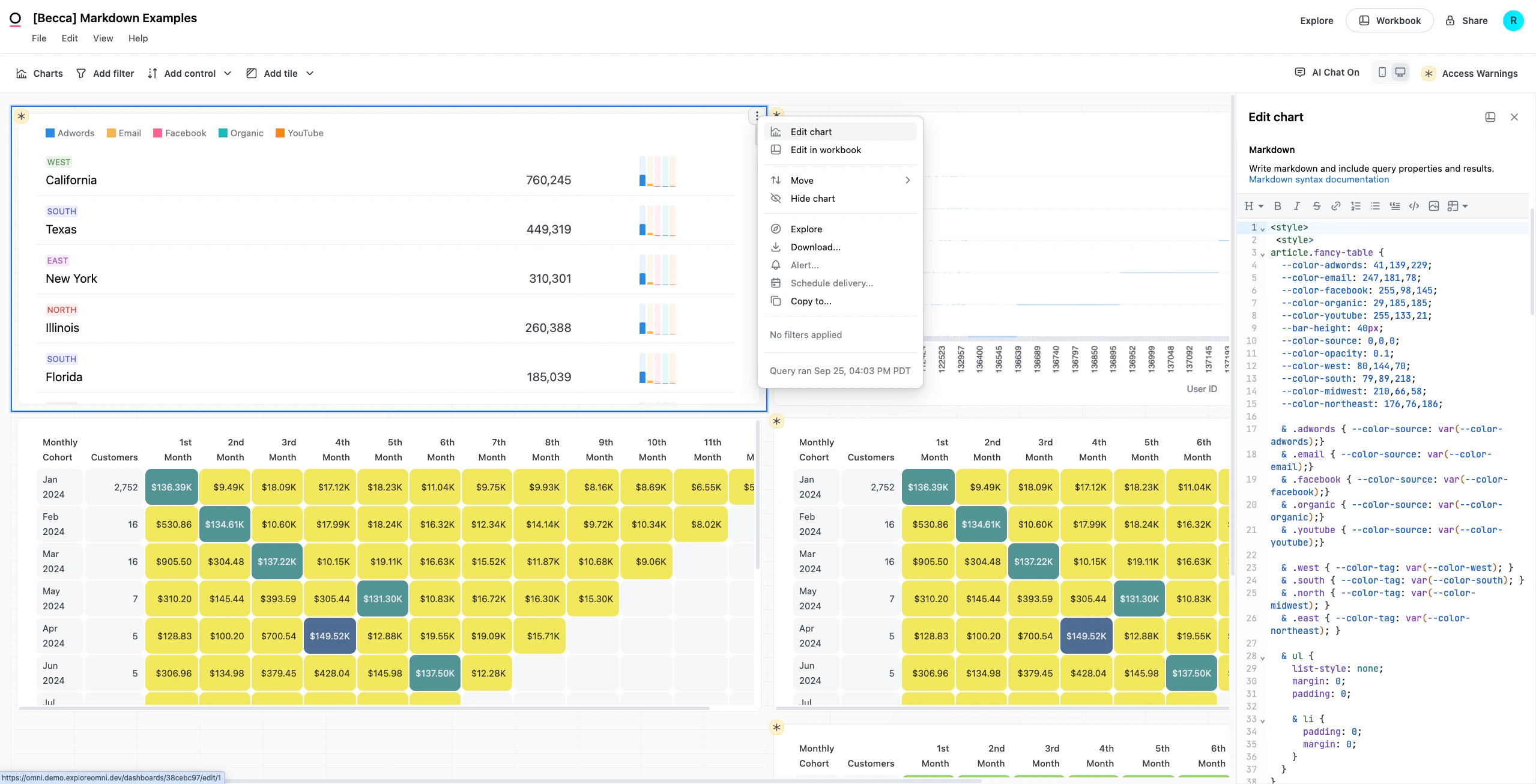 Editing a Markdown tile from a draft dashboard using the Edit in chart option