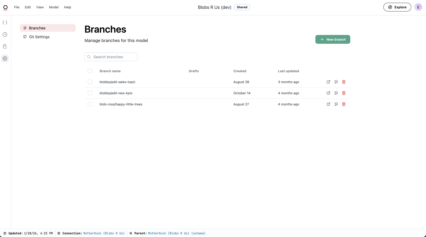 The Branch management page in the model IDE showing a list of branches