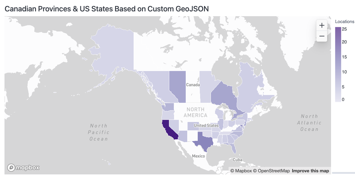 Region map of Canadian provinces and US states shaded by location count, using a custom combined GeoJSON source